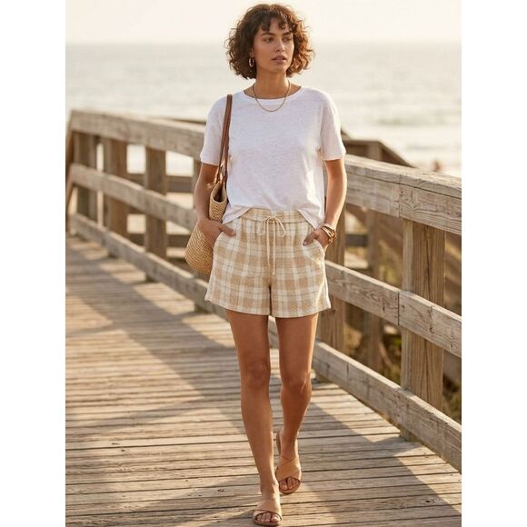 Zara Pants - ZARA Plaid Textured Weave Drawstring Shorts Size L